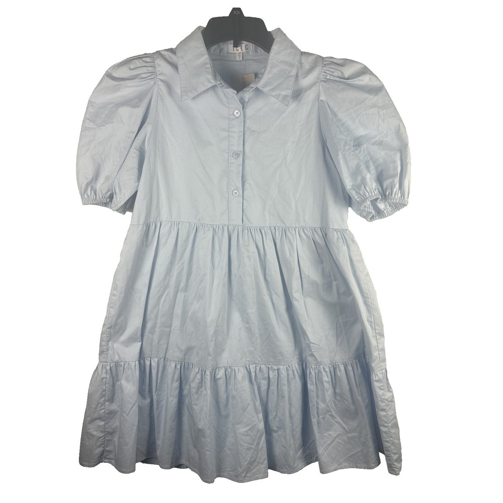 TCEC Womens Small Blue Baby Doll Dress Cotton Lined Puff Sleeve Mini Summer NWT